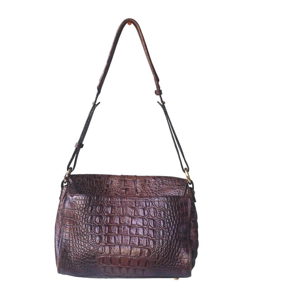 Brahmin Brown Crocodile Embossed Leather Flap Shoulder Bag Gold Logo Hardware - Picture 2 of 14